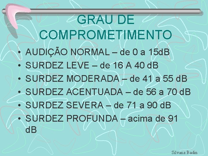 GRAU DE COMPROMETIMENTO • • • AUDIÇÃO NORMAL – de 0 a 15 d.