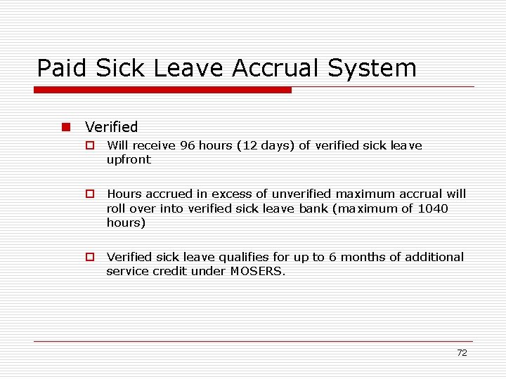 Paid Sick Leave Accrual System n Verified o Will receive 96 hours (12 days)