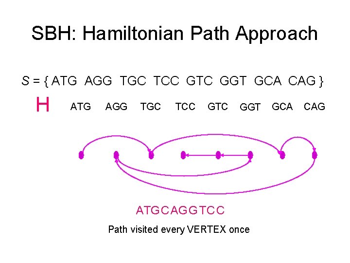 SBH: Hamiltonian Path Approach S = { ATG AGG TGC TCC GTC GGT GCA