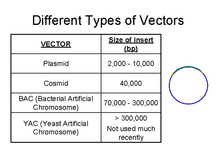 Different Types of Vectors VECTOR Size of insert (bp) Plasmid 2, 000 - 10,