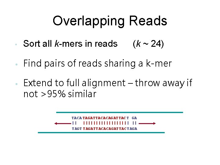 Overlapping Reads • Sort all k-mers in reads • Find pairs of reads sharing