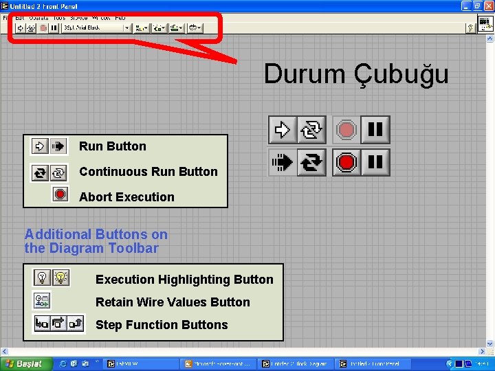Durum Çubuğu Run Button Continuous Run Button Abort Execution Additional Buttons on the Diagram