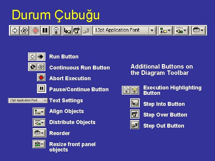 Durum Çubuğu Run Button Continuous Run Button Abort Execution Pause/Continue Button Text Settings Align
