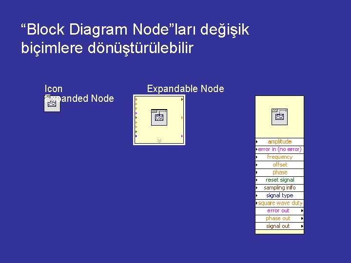 “Block Diagram Node”ları değişik biçimlere dönüştürülebilir Icon Expanded Node Expandable Node 