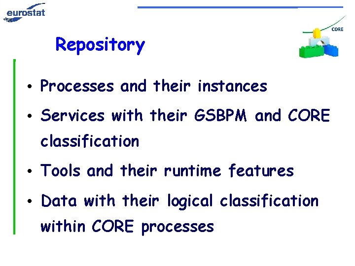Repository • Processes and their instances • Services with their GSBPM and CORE classification