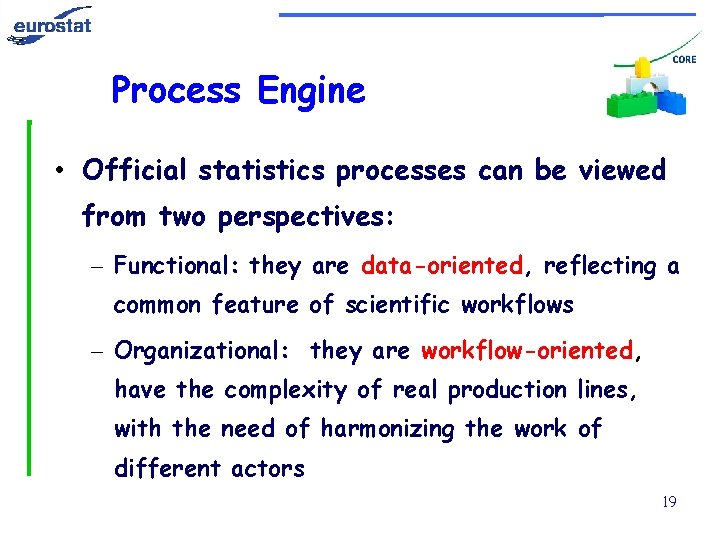 Process Engine • Official statistics processes can be viewed from two perspectives: – Functional: