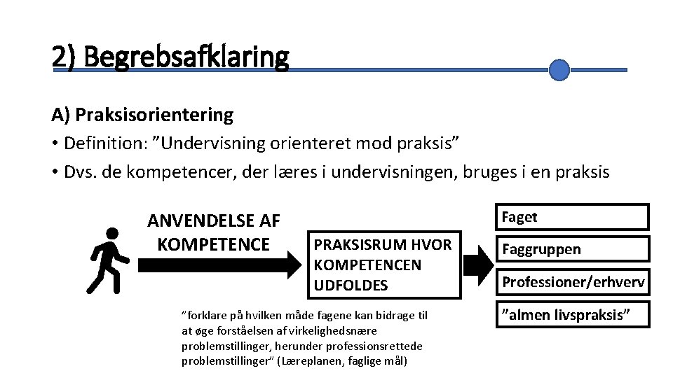 2) Begrebsafklaring A) Praksisorientering • Definition: ”Undervisning orienteret mod praksis” • Dvs. de kompetencer,