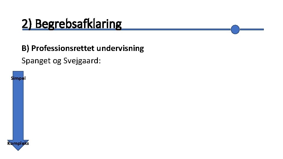 2) Begrebsafklaring B) Professionsrettet undervisning Spanget og Svejgaard: Simpel Kompleks Niveau Definition Eksempel Legitimeringsniveau