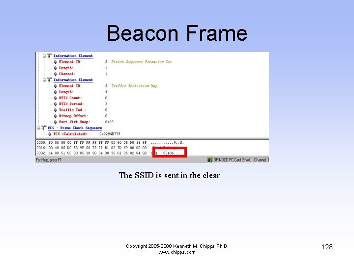Beacon Frame The SSID is sent in the clear Copyright 2005 -2008 Kenneth M.