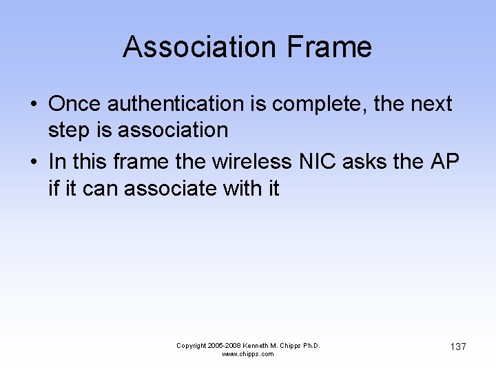 Association Frame • Once authentication is complete, the next step is association • In