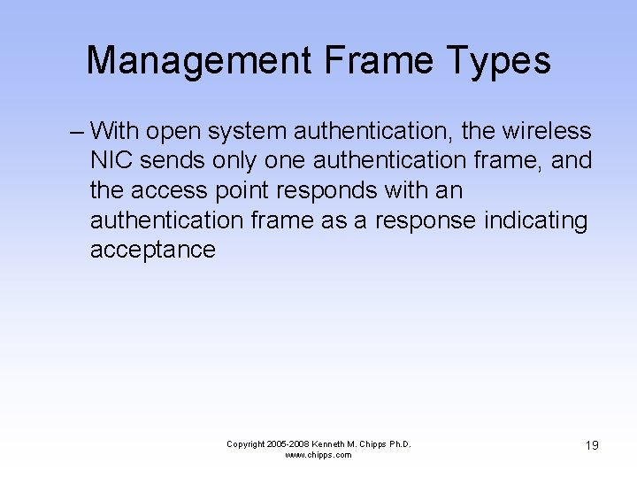 Management Frame Types – With open system authentication, the wireless NIC sends only one