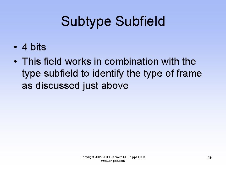 Subtype Subfield • 4 bits • This field works in combination with the type