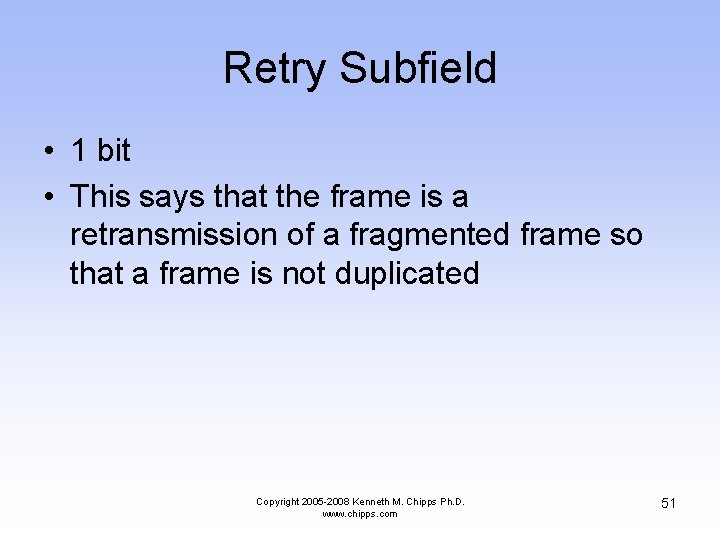 Retry Subfield • 1 bit • This says that the frame is a retransmission