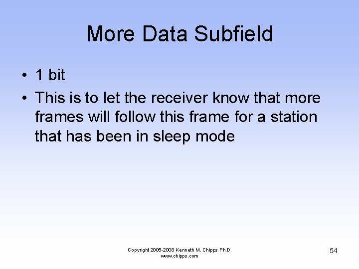 More Data Subfield • 1 bit • This is to let the receiver know