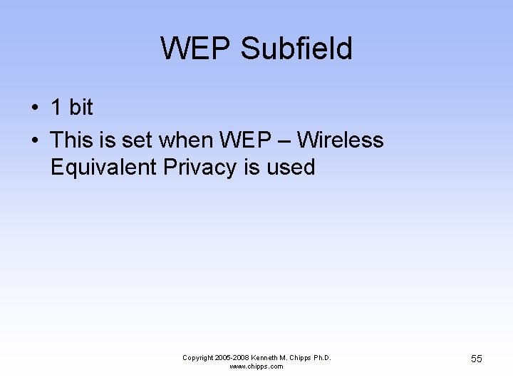 WEP Subfield • 1 bit • This is set when WEP – Wireless Equivalent