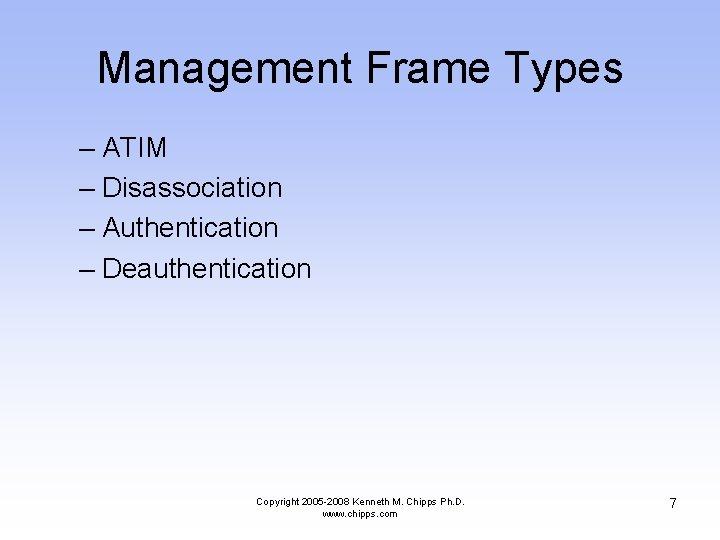 Management Frame Types – ATIM – Disassociation – Authentication – Deauthentication Copyright 2005 -2008