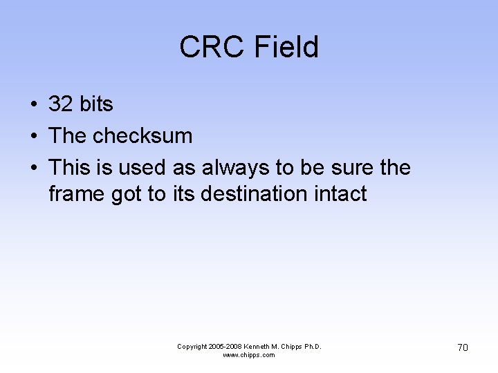 CRC Field • 32 bits • The checksum • This is used as always