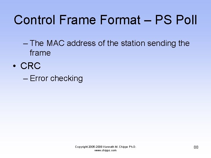 Control Frame Format – PS Poll – The MAC address of the station sending