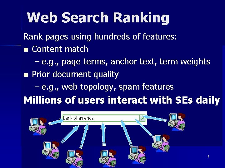 Web Search Ranking Rank pages using hundreds of features: n Content match – e.