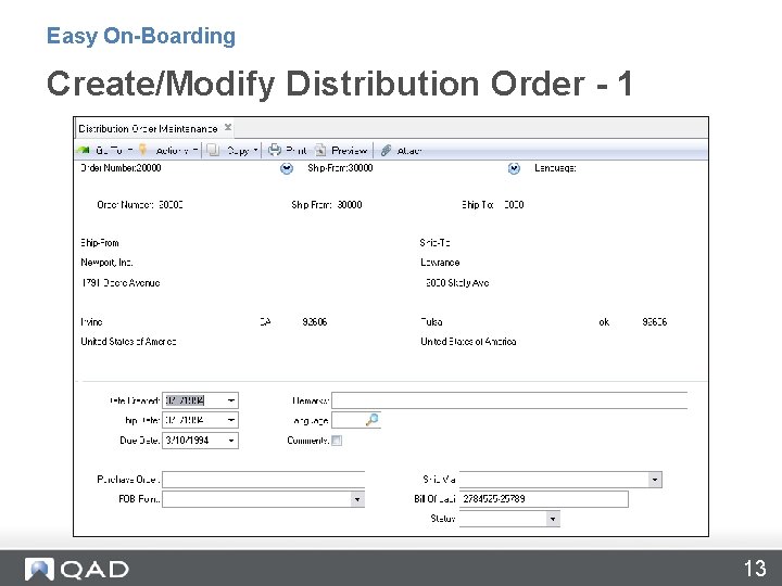 Easy On-Boarding Create/Modify Distribution Order - 1 13 