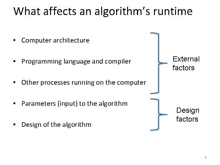 What affects an algorithm’s runtime • Computer architecture • Programming language and compiler External What affects an algorithm’s runtime • Computer architecture • Programming language and compiler External