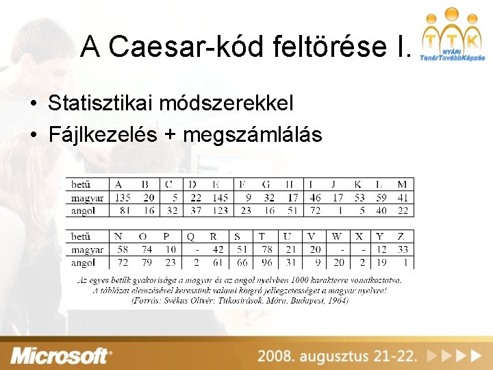 A Caesar-kód feltörése I. • Statisztikai módszerekkel • Fájlkezelés + megszámlálás 