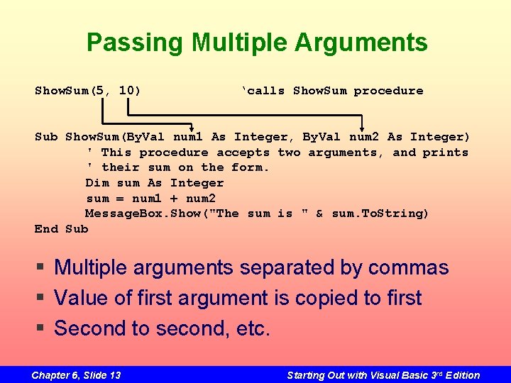 Passing Multiple Arguments Show. Sum(5, 10) ‘calls Show. Sum procedure Sub Show. Sum(By. Val