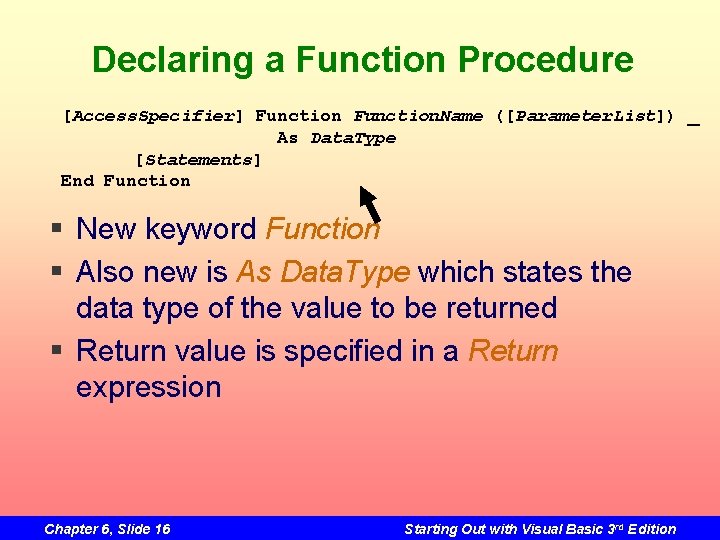 Declaring a Function Procedure [Access. Specifier] Function. Name ([Parameter. List]) _ As Data. Type