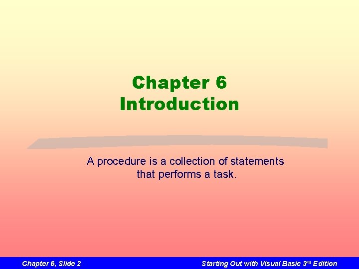 Chapter 6 Introduction A procedure is a collection of statements that performs a task.