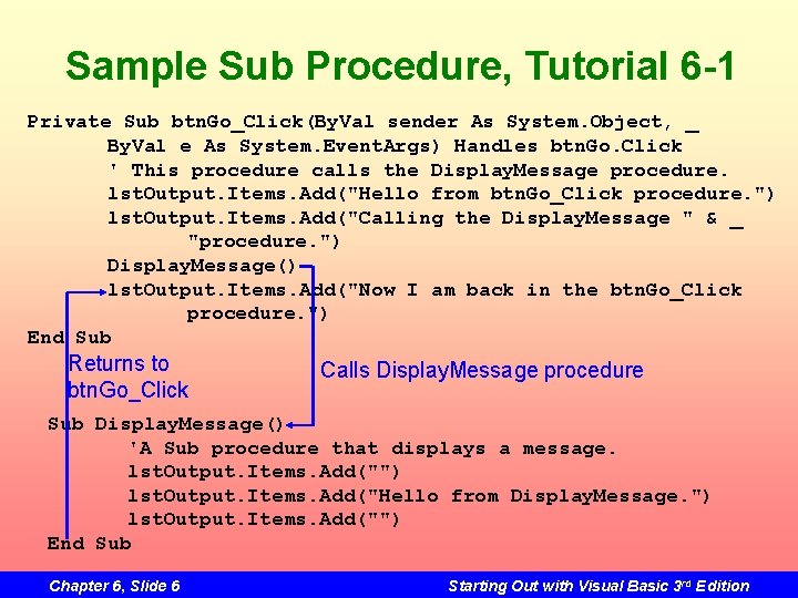 Sample Sub Procedure, Tutorial 6 -1 Private Sub btn. Go_Click(By. Val sender As System.