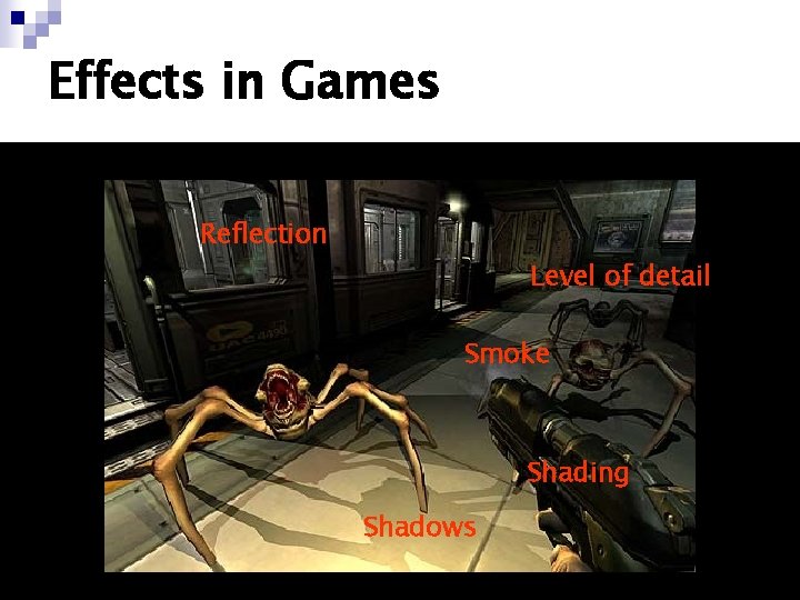 Effects in Games Reflection Level of detail Smoke Shading Shadows 