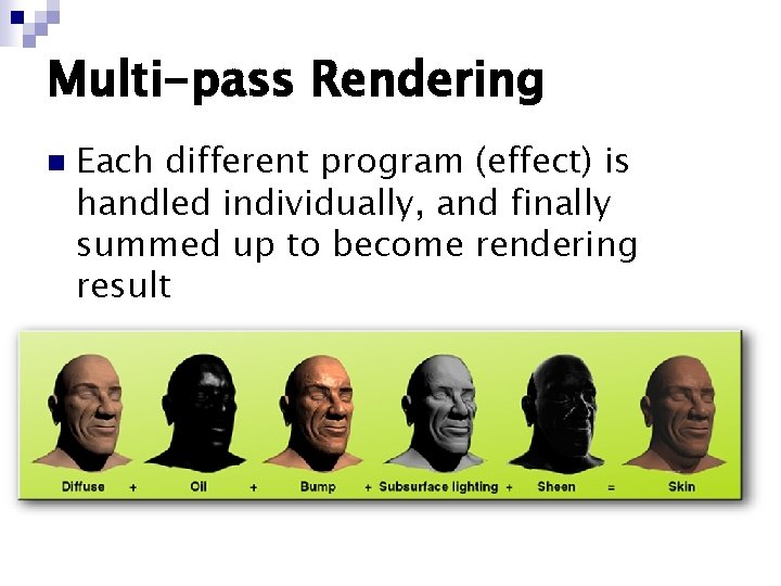 Multi-pass Rendering n Each different program (effect) is handled individually, and finally summed up