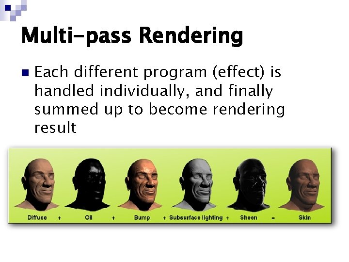 Multi-pass Rendering n Each different program (effect) is handled individually, and finally summed up