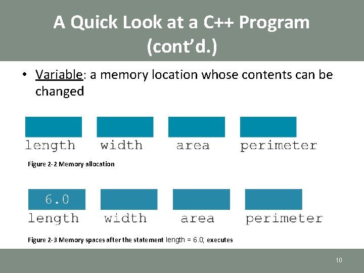 A Quick Look at a C++ Program (cont’d. ) • Variable: a memory location A Quick Look at a C++ Program (cont’d. ) • Variable: a memory location