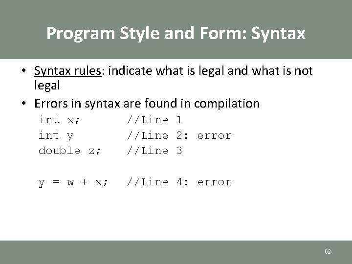 Program Style and Form: Syntax • Syntax rules: indicate what is legal and what Program Style and Form: Syntax • Syntax rules: indicate what is legal and what