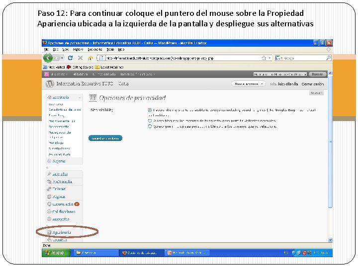 Paso 12: Para continuar coloque el puntero del mouse sobre la Propiedad Apariencia ubicada