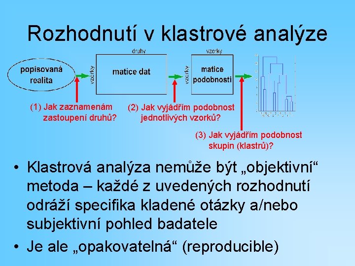 Rozhodnutí v klastrové analýze (1) Jak zaznamenám zastoupení druhů? (2) Jak vyjádřím podobnost jednotlivých