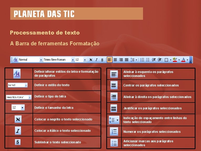 Processamento de texto A Barra de ferramentas Formatação Definir/alterar estilos de letra e formatação