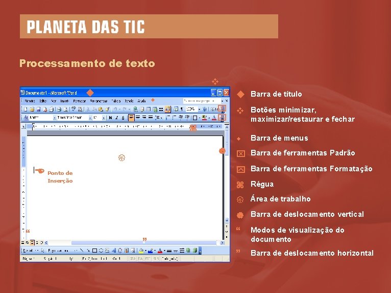 Processamento de texto Barra de título Botões minimizar, maximizar/restaurar e fechar Barra de menus