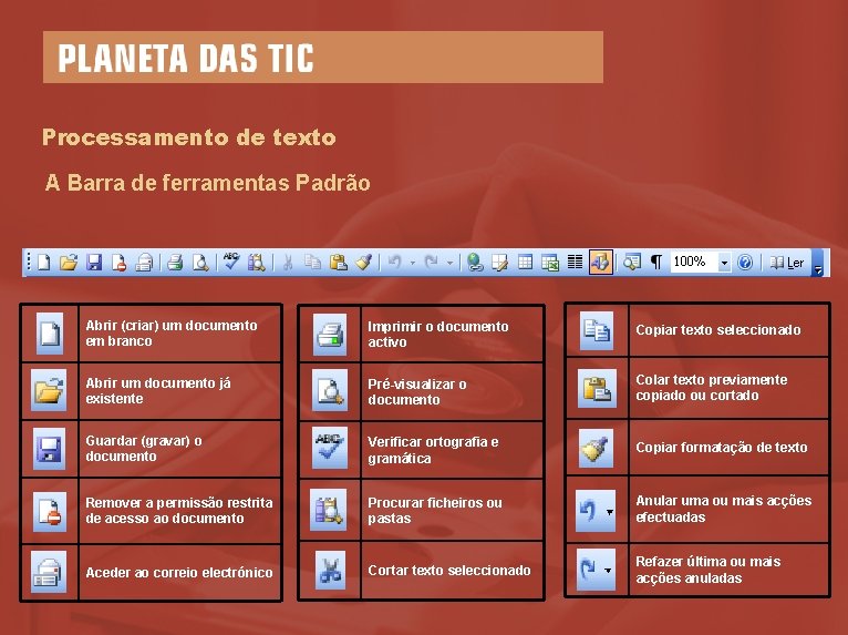 Processamento de texto A Barra de ferramentas Padrão Abrir (criar) um documento em branco