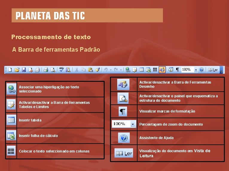 Processamento de texto A Barra de ferramentas Padrão Associar uma hiperligação ao texto seleccionado