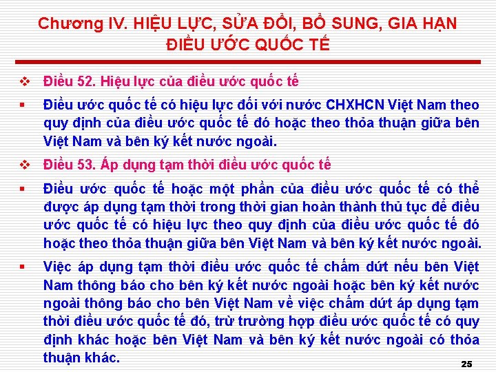 Chương IV. HIỆU LỰC, SỬA ĐỔI, BỔ SUNG, GIA HẠN ĐIỀU ƯỚC QUỐC TẾ