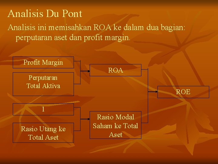 Analisis Du Pont Analisis ini memisahkan ROA ke dalam dua bagian: perputaran aset dan