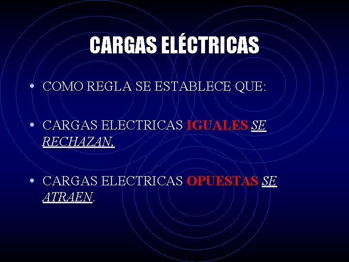 CARGAS ELÉCTRICAS • COMO REGLA SE ESTABLECE QUE: • CARGAS ELECTRICAS IGUALES SE RECHAZAN.
