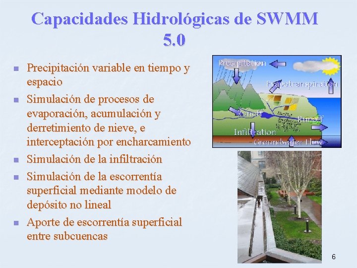 Capacidades Hidrológicas de SWMM 5. 0 n n n Precipitación variable en tiempo y