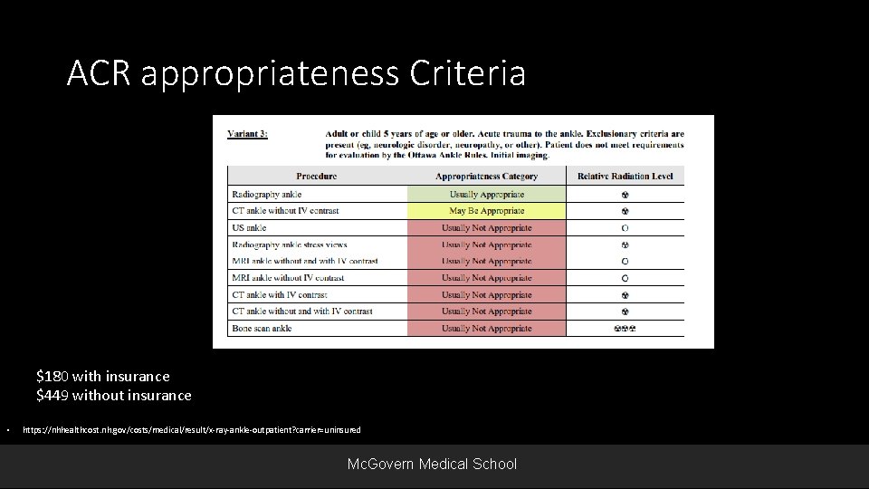 ACR appropriateness Criteria $180 with insurance $449 without insurance • https: //nhhealthcost. nh. gov/costs/medical/result/x-ray-ankle-outpatient?