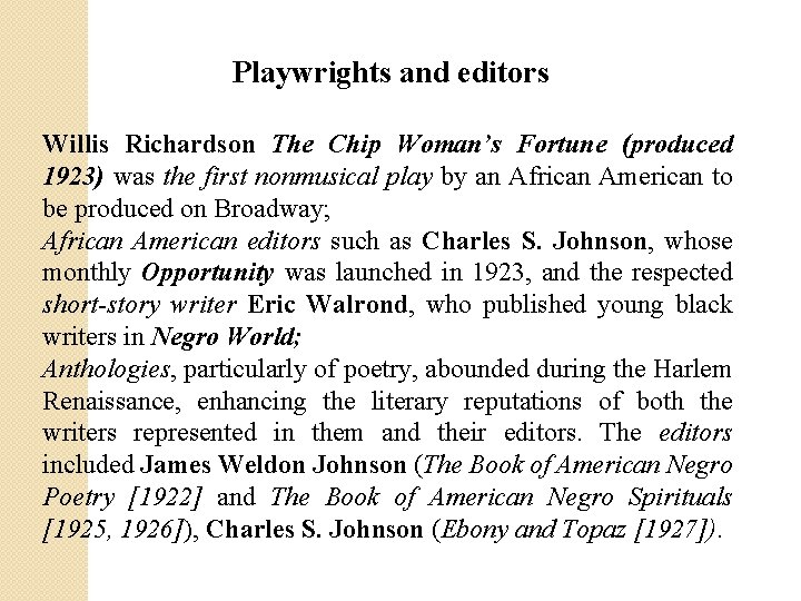 Playwrights and editors Willis Richardson The Chip Woman’s Fortune (produced 1923) was the first