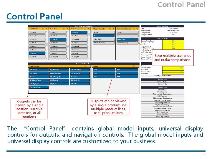 Control Panel Save multiple scenarios and make comparisons. Outputs can be viewed by a