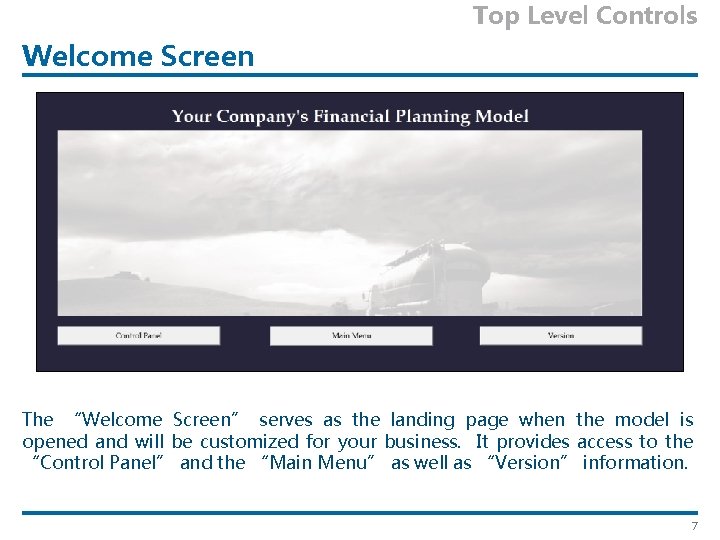 Top Level Controls Welcome Screen The “Welcome Screen” serves as the landing page when