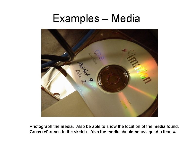 Examples – Media Photograph the media. Also be able to show the location of